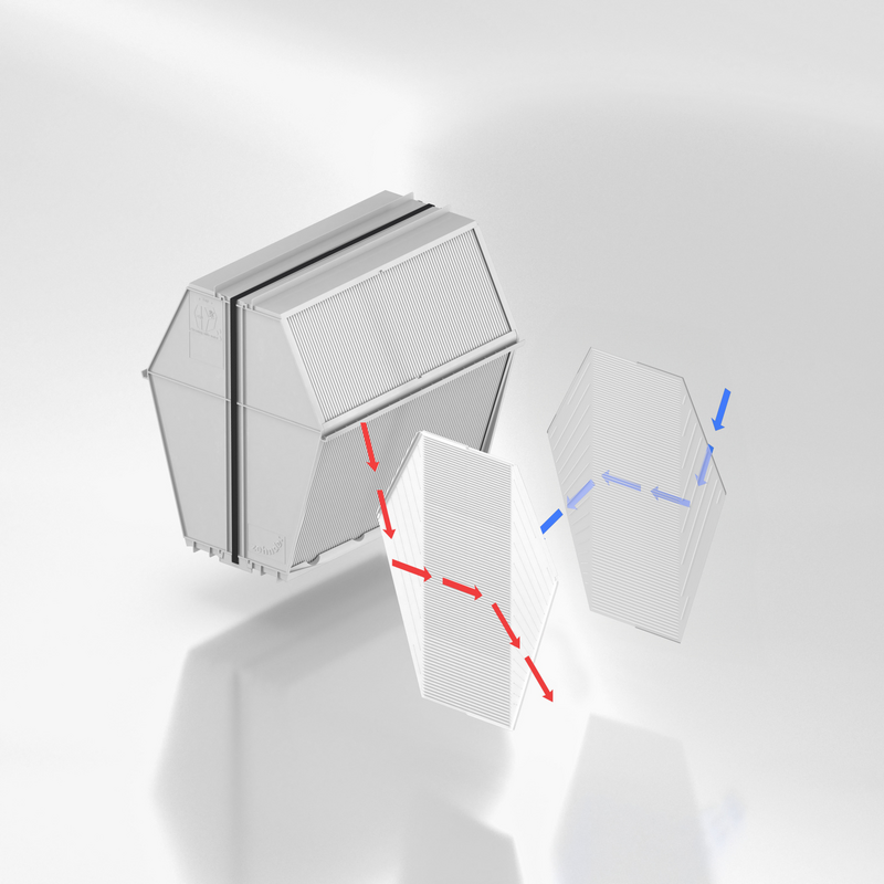 Cut-Out Zehnder Enthalpie Exchanger for ComfoAir Comfortable indoor ventilation Angled view