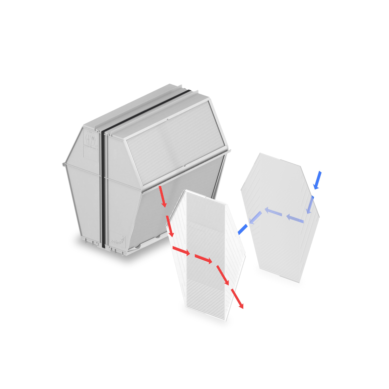 Cut-Out Zehnder Enthalpie Exchanger for ComfoAir Comfortable indoor ventilation Angled view